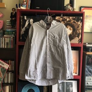 White blue and gray checkered long sleeve button down